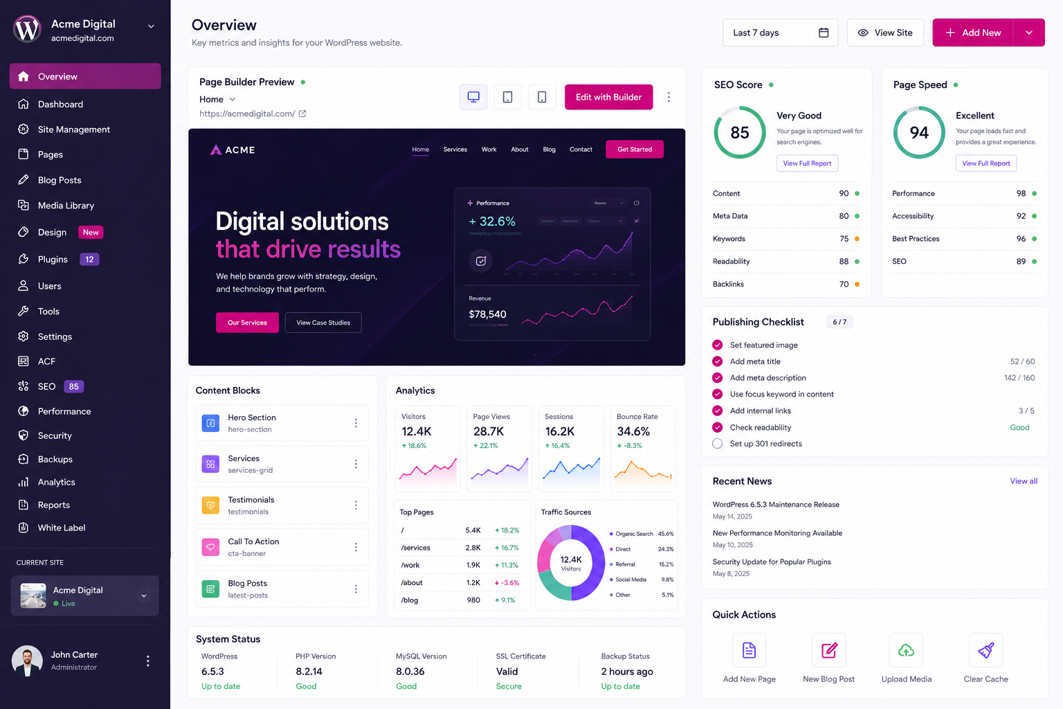 WordPress management dashboard showing page builder preview, SEO score, page speed, publishing checklist, and analytics